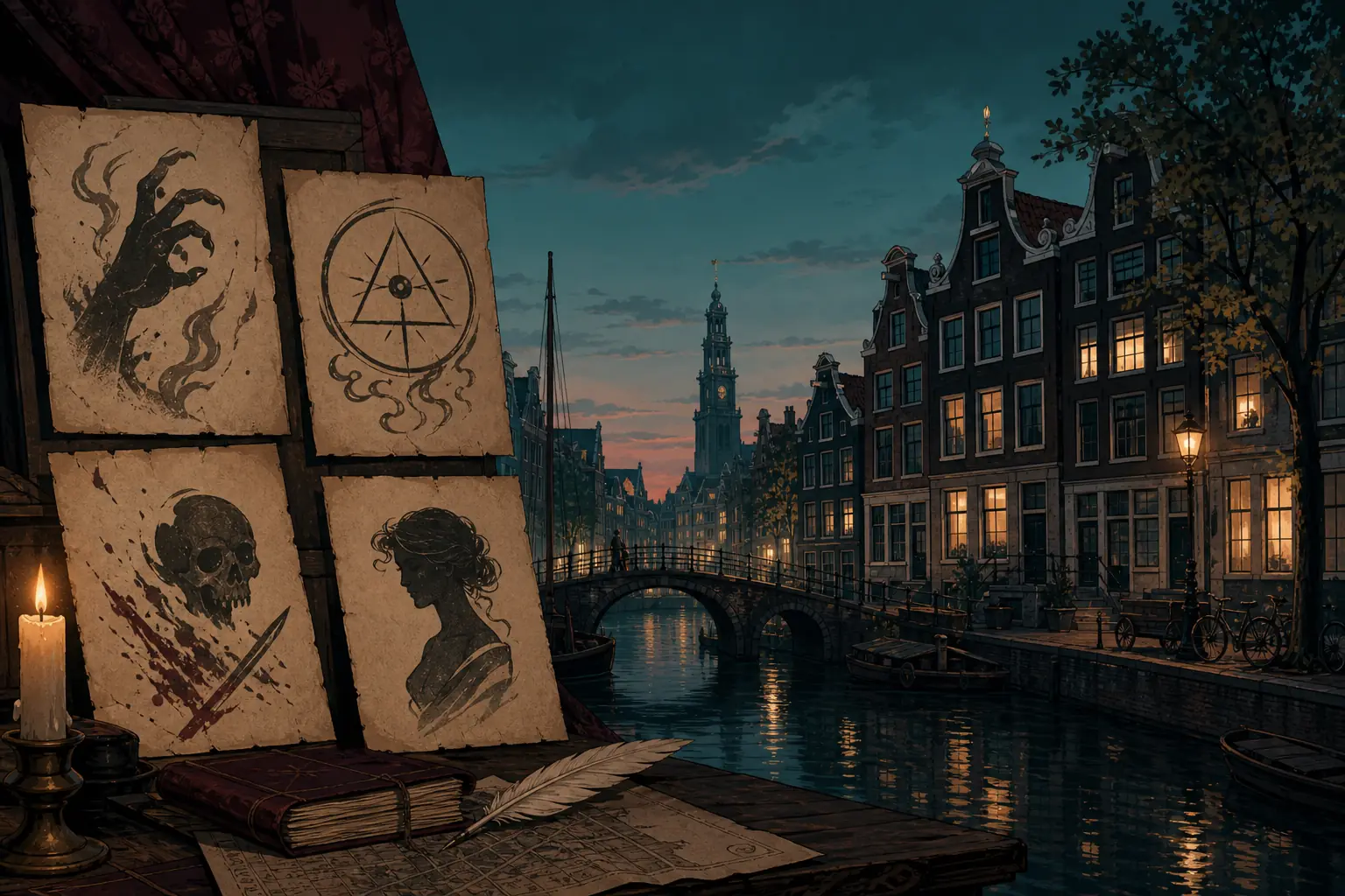 Editorial illustration of historic Amsterdam beside neutral content warning symbols