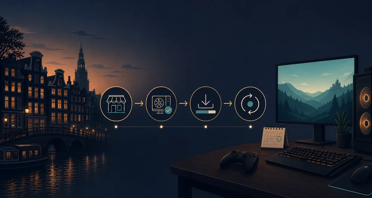 Editorial illustration showing a four-step preparation flow from official store to PC check, Prologue install, and update tracking