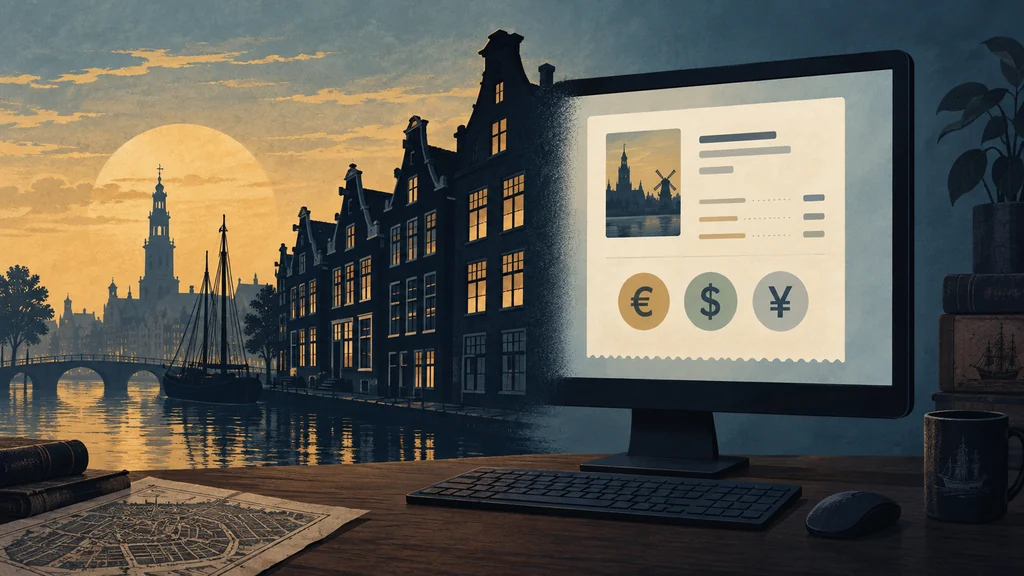 1666 AmsterdamのPC購入とユーロ、ドル、円の地域別価格を表す編集用イラスト