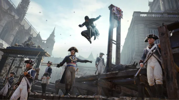 Offizieller Assassin's-Creed-Unity-Screenshot mit Bewegung über einer historischen Menge