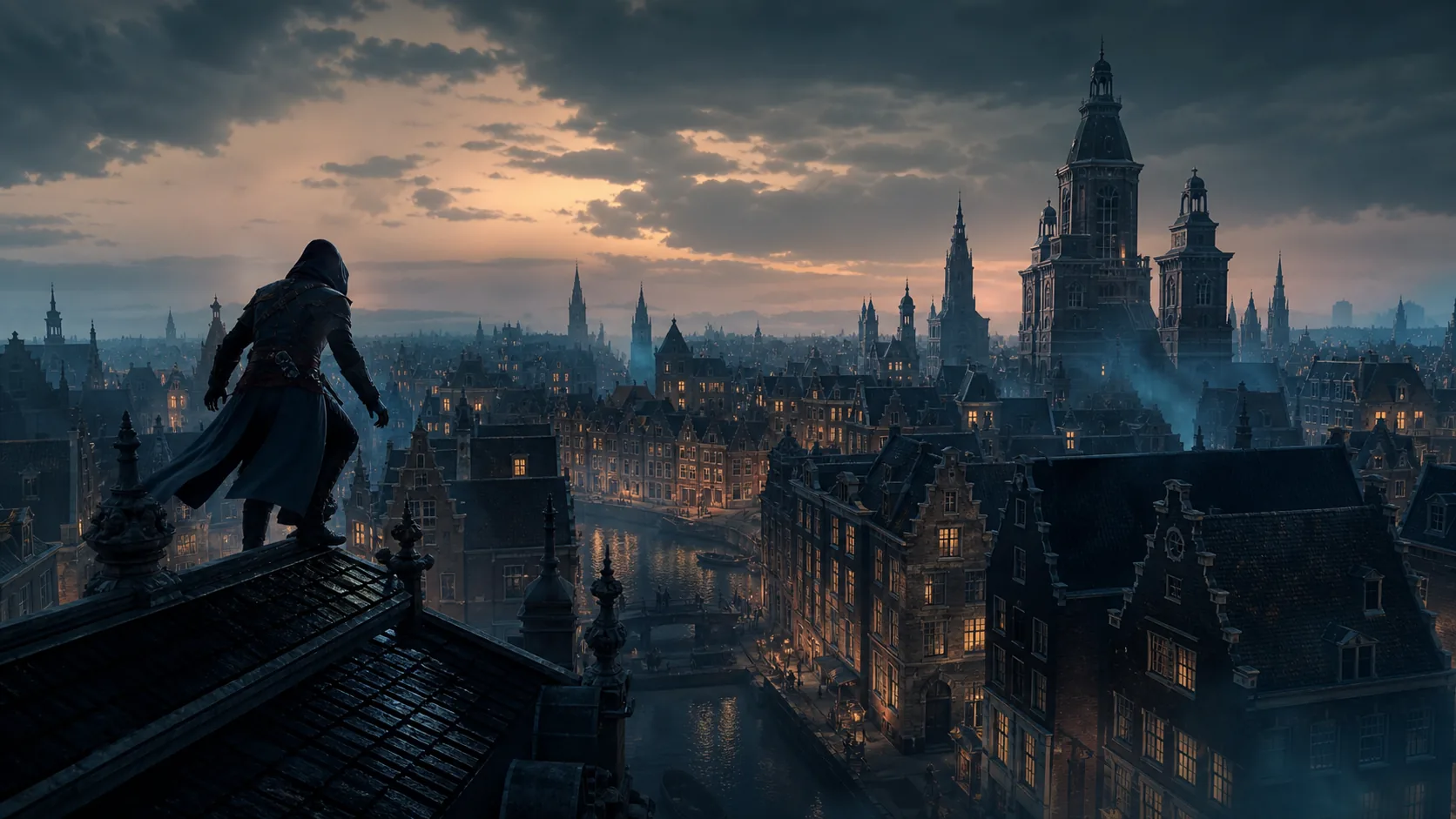 Redaktionelle Konzeptillustration eines lautlosen Erkunders über einer historischen Kanalstadt